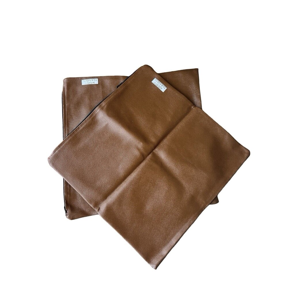 Set of 2 Woven Nook Faux Leather Throw Pillow Covers Brown 18x18 Farmhouse Boho